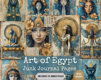 Puede incluir: Un collage de ilustraciones artísticas con temática egipcia. La obra de arte presenta retratos de mujeres, gatos y deidades, con detalles dorados y azules. Se muestra el texto "Art of Egypt Junk Journal Pages", junto con "Includes 55 Inner Pages".