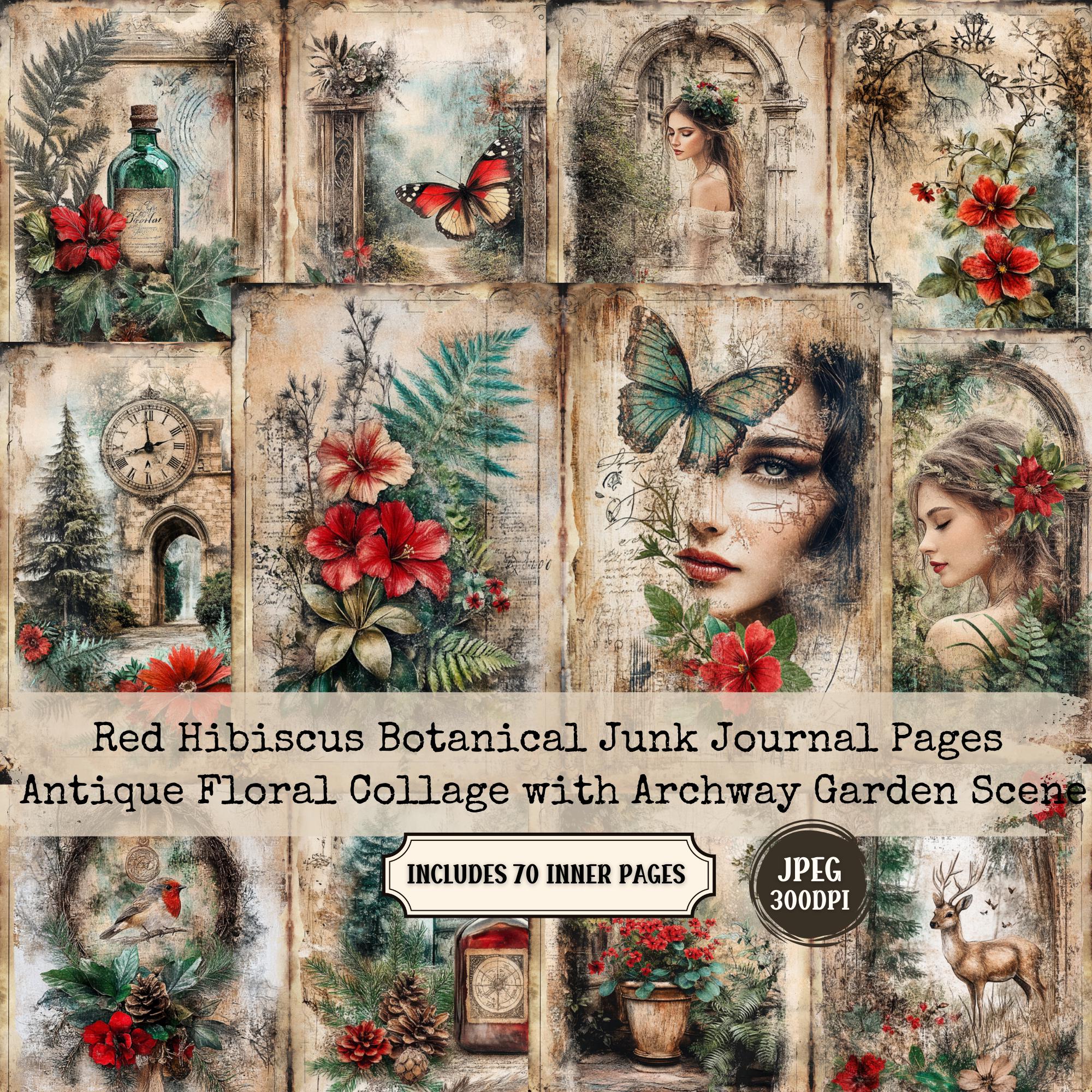 Vintage Red Hibiscus Botanical Junk Journal Pages | Antique Floral ...