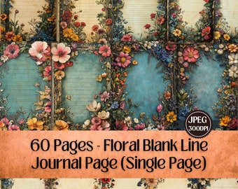 May include: 60 pages of printable journal pages with a floral border design. Each page has a blue background with white lines and a floral border in shades of pink, yellow, and green.