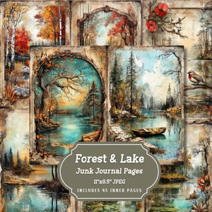May include: A digital collage of 45 printable junk journal pages featuring a forest and lake theme. The pages are 11 inches by 8.5 inches and are in JPEG format.