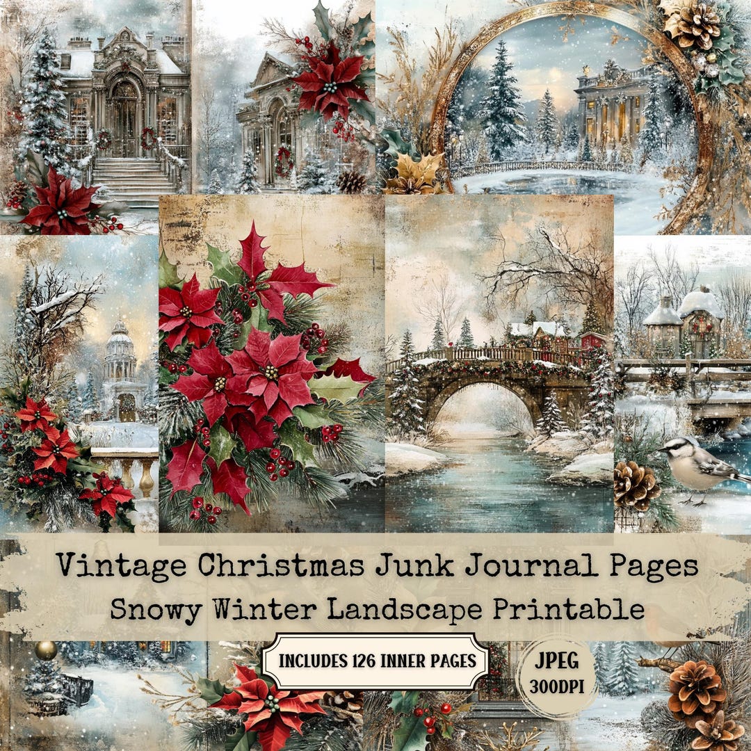 Vintage Christmas Junk Journal Pages, Snowy Winter Landscape (digital ...