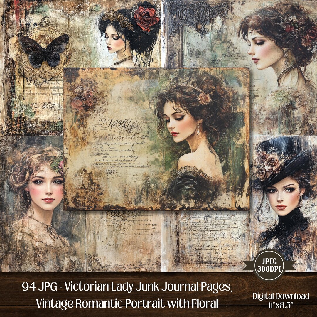 Victorian Lady Junk Journal Pages, Vintage Romantic Portrait With ...