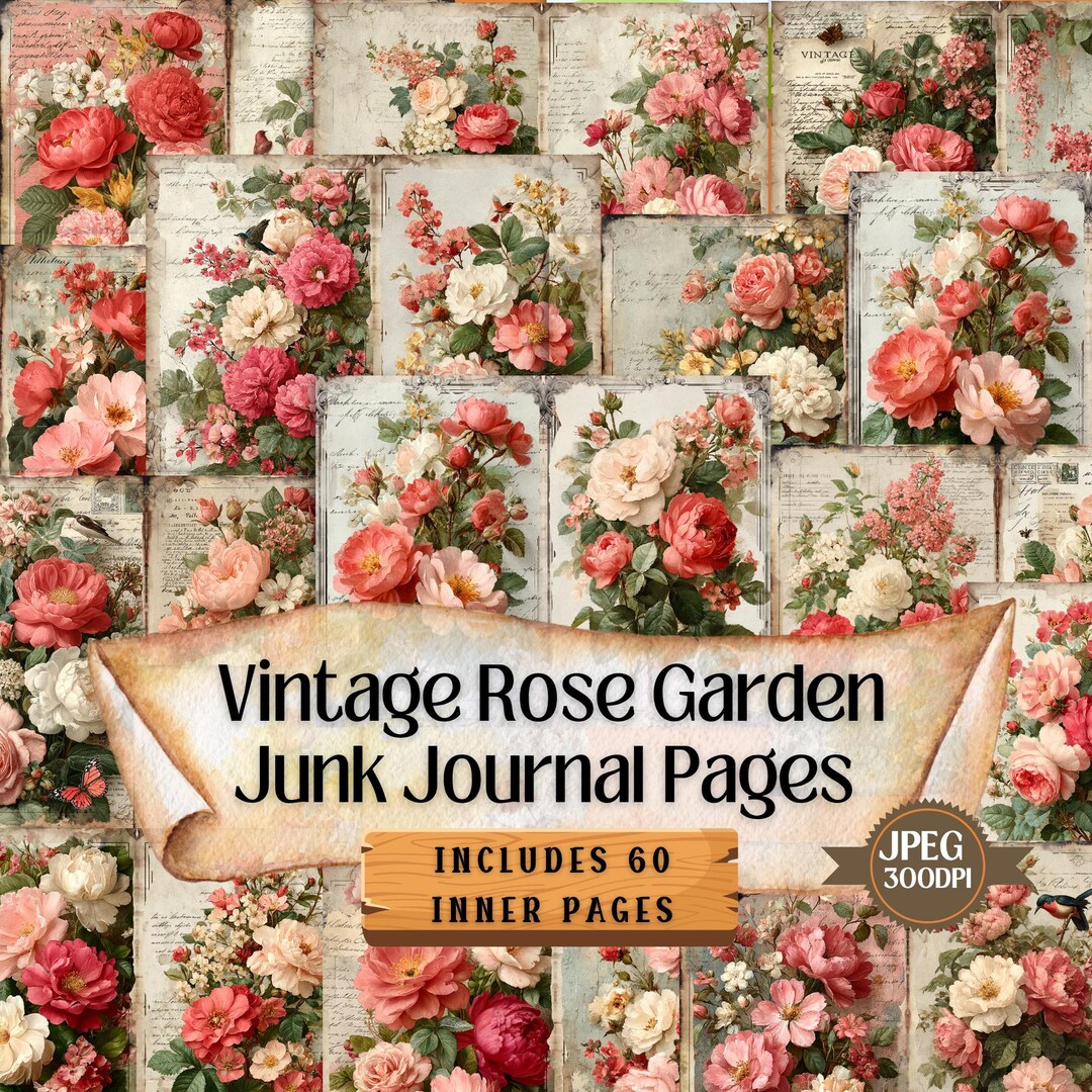 Vintage Rose Garden Junk Journal Kit: Shabby Chic Floral Ephemera (60 ...