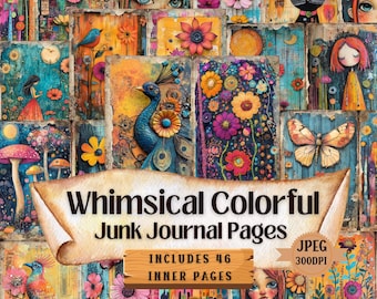 Whimsical Junk Journal Pages: Colorful Mixed Media Art (46 JPEG)