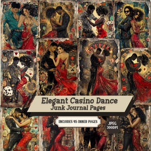 May include: A collage of digital art journal pages with couples dancing in elegant casino settings. The pages feature couples in formal attire, with roulette wheels and playing cards. The text reads "Elegant Casino Dance Junk Journal Pages".