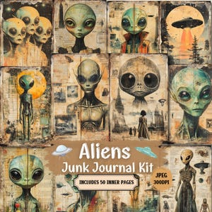 Aliens Junk Journal | Antique Extraterrestrial Wonders – Digital Collage of Aliens & Vintage Scenery | Shabby Chic Paper Craft Scrapbooking.