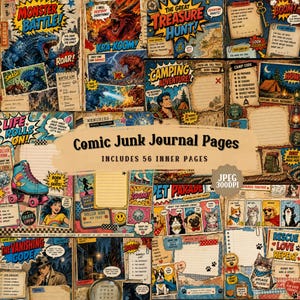 Puede incluir: Un collage de páginas de cómics con varios temas, incluyendo monstruos, búsquedas del tesoro y aventuras de camping. El texto "Comic Junk Journal Pages" y "Includes 56 Inner Pages" son visibles. También hay imágenes de patines y mascotas.