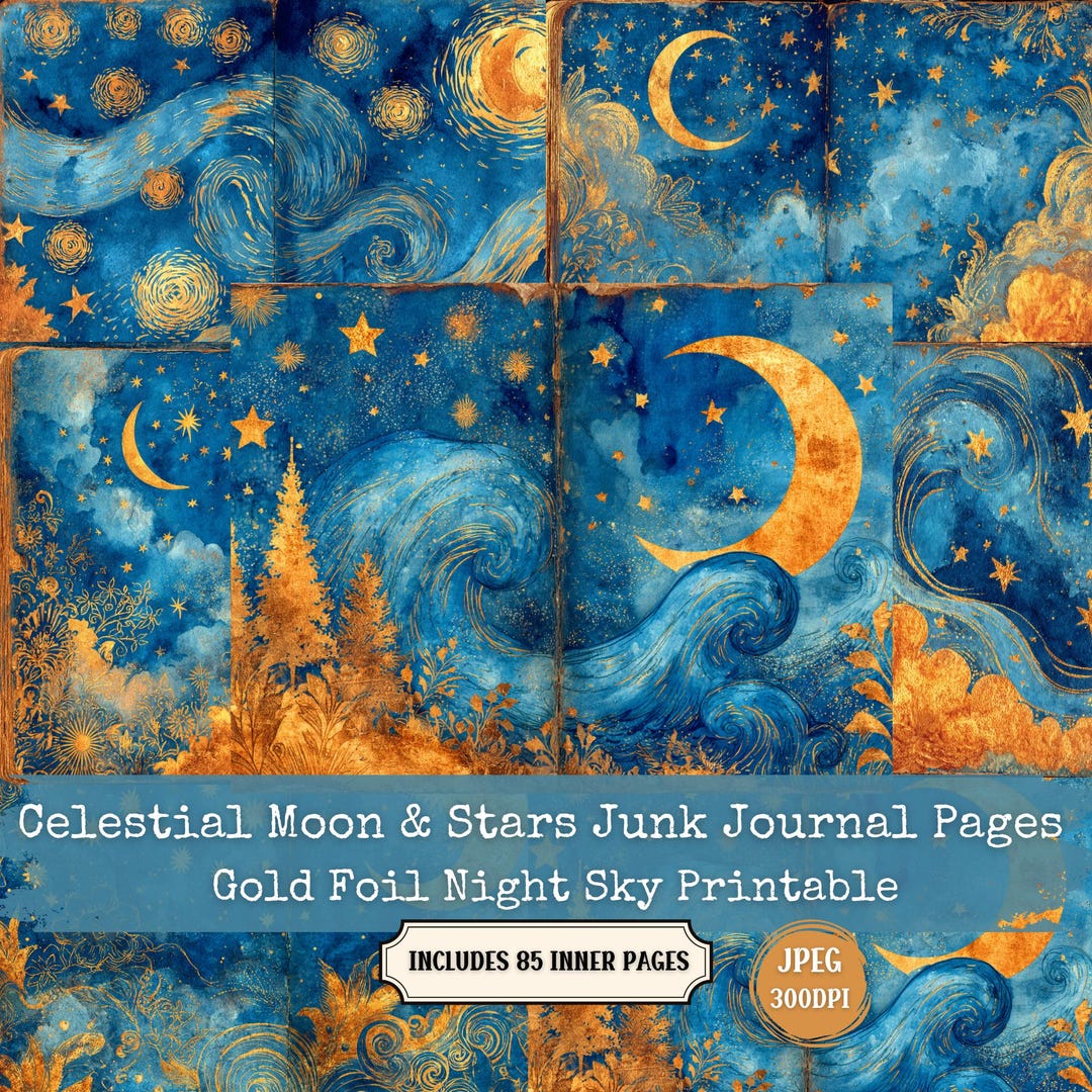 Celestial Junk Journal Pages | Gold Foil Moon & Stars (digital Download ...