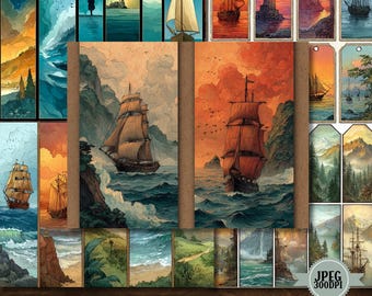 Efímera de barco pirata antiguo: Etiquetas de diario náutico (descarga digital)