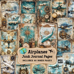 Pagine di diario con aeroplani d'epoca / Kit a tema aeroplani retrò / Foglio di collage di carta shabby chic per scrapbooking / 46 JPEG.