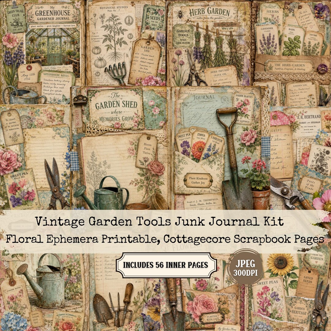Vintage Garden Tools Junk Journal Kit, Floral Ephemera, Cottagecore ...