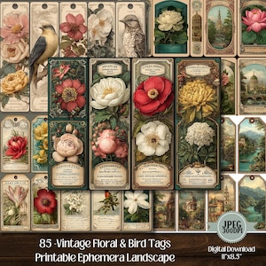 Vintage Floral & Bird Tags – Printable Ephemera Landscape, Labels with Roses, Birds, and Botanical Art for Junk Journals and Scrapbooking.