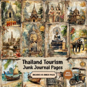 Thailand Tourismus Junk Journal Seiten | Vintage Asien Reise Themed Kit | Shabby Chic Papier Handwerk Collage Sheet Ephemera für Scrapbooking.
