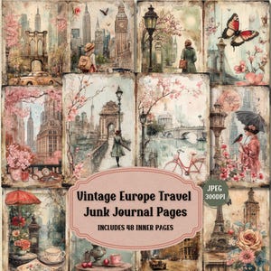 Pages vintage de carnet de voyage en Europe | Trousse sur le thème du voyage rétro | Feuille de collage en papier artisanal shabby chic pour scrapbooking éphémère | 48 JPEG.