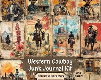 Retro Western Cowboy Junk Journal Kit: Shabby Chic Ephemera (50 JPEG)