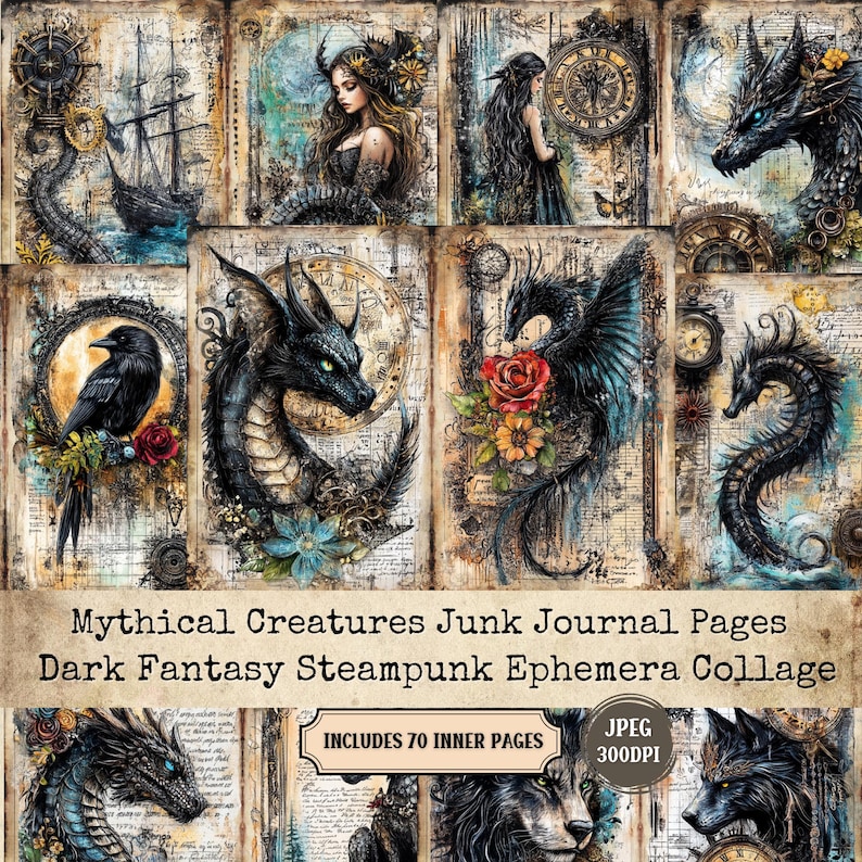Mythical Creatures Junk Journal Pages, Dark Fantasy Steampunk Collage ...