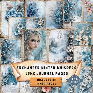 Pagine di diario spazzatura Enchanted Winter Whispers / Kit tema vintage innevato / Foglio collage di carta shabby chic per scrapbooking.