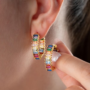 Rainbow Hoop Earrings, Colorful Baguette Hoops, Statement Gold Earrings, Bold Crystal Jewelry, Pride Gift for Her, Festival Earrings