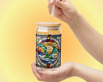 Vaso de cristal con tapa y pajita de Dragon Fantasy, sorbete de cristal tintado etéreo de 473 ml, vaso de café helado de fantasía otoñal, regalo mágico para amantes de los libros.
