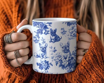 Taza de Toile de Jouy con Bulldog Francés - Taza de Toile Azul para Mamá Bulldog Francés, Regalos para Bulldog Francés, Vasos para Perros, Taza para Perro
