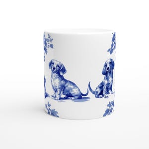 Kubek z jamnikiem: niebieski kubek z toile de jouy, prezent dla miłośnika psów, 11 oz zdjęcie 6