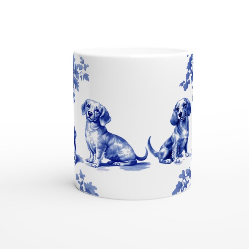 Kubek z jamnikiem: niebieski kubek z toile de jouy, prezent dla miłośnika psów, 11 oz zdjęcie 6