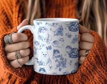 Taza de Toile de Jouy francesa con diseño de gato Ragdoll - Taza de café con diseño de Toile azul para mamás de gatos Ragdoll / Regalos para gatos Ragdoll, Vasos para gatos, Taza para gatos