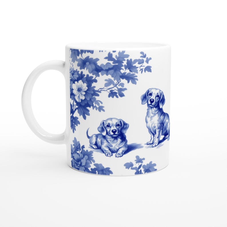 Kubek z jamnikiem: niebieski kubek z toile de jouy, prezent dla miłośnika psów, 11 oz zdjęcie 5