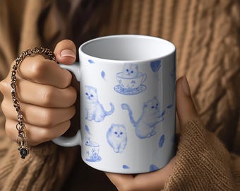 Taza de Toile de Jouy francesa de British Shorthair - Taza de café de Toile azul para mamá de gato de British Shorthair / British Shorthair / Taza para gato