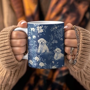 Golden Retriever Toile de Jouy Mug - Dark Blue and White Golden Retriever Dog Print Coffee Cup for Dog Lovers, Dog Lover Gift