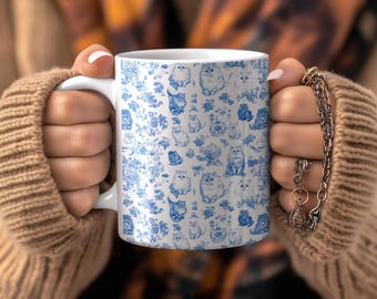 Taza de Toile de Jouy con diseño de gato persa, taza de café con diseño de Toile azul para mamá de gato persa, regalos para gatos persas, taza para gatos, taza estilo Toile azul