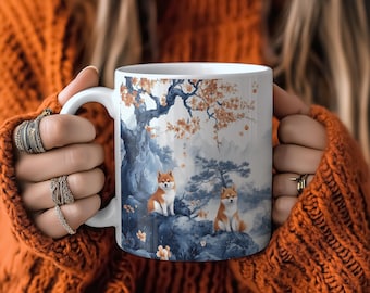 Shiba Inu Sakura Chinoiserie Mug: Elegancki kubek do kawy dla miłośników psów, 11 oz