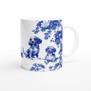 Kubek z jamnikiem: niebieski kubek z toile de jouy, prezent dla miłośnika psów, 11 oz zdjęcie 7