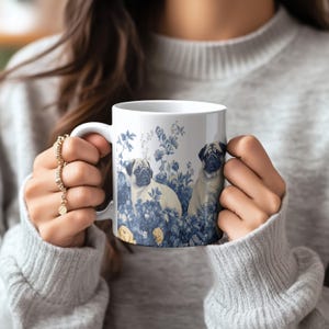 Pug Toile de Jouy Mug: Elegant Blue and White Dog Coffee Cup