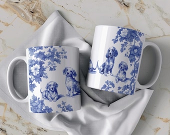 Taza de Toile de Jouy con diseño de perro salchicha francés - Taza de café azul y blanca para amantes de los perros salchicha, regalos para perros, taza para perros, regalos para perros salchicha