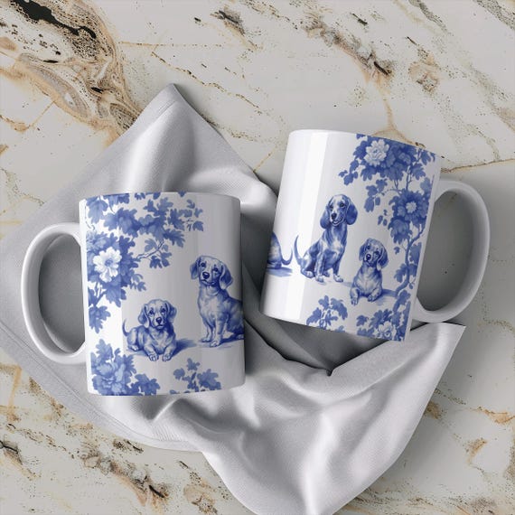 Dachshund Mug: Blue Toile de Jouy Coffee Cup, Dog Lover Gift, 11 oz mug