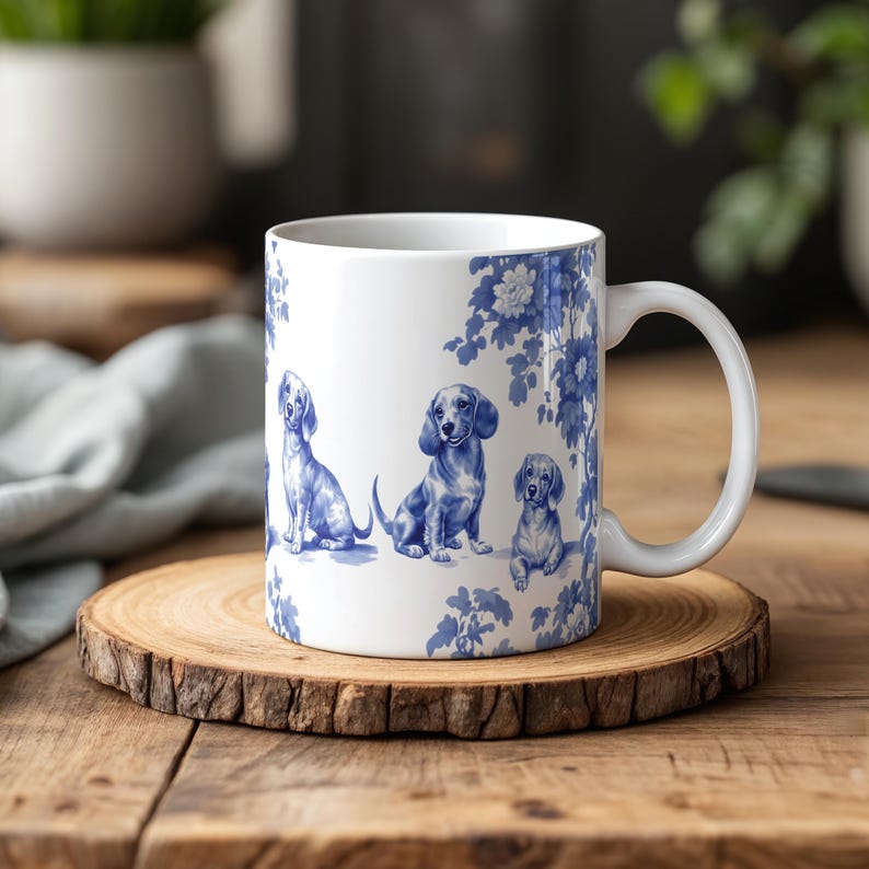 Może przedstawiać: Biały ceramiczny kubek z niebiesko-białą ilustracją trzech jamnik&oacute;w i motywami kwiatowymi. Kubek ma zakrzywiony uchwyt. Projekt przypomina klasyczną niebiesko-białą porcelanę. Kubek stoi na drewnianej powierzchni.