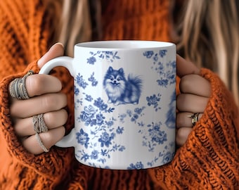 Kubek dla psa: Niebieski kubek do kawy Toile de Jouy, prezent dla mamy psa, 11 oz mug