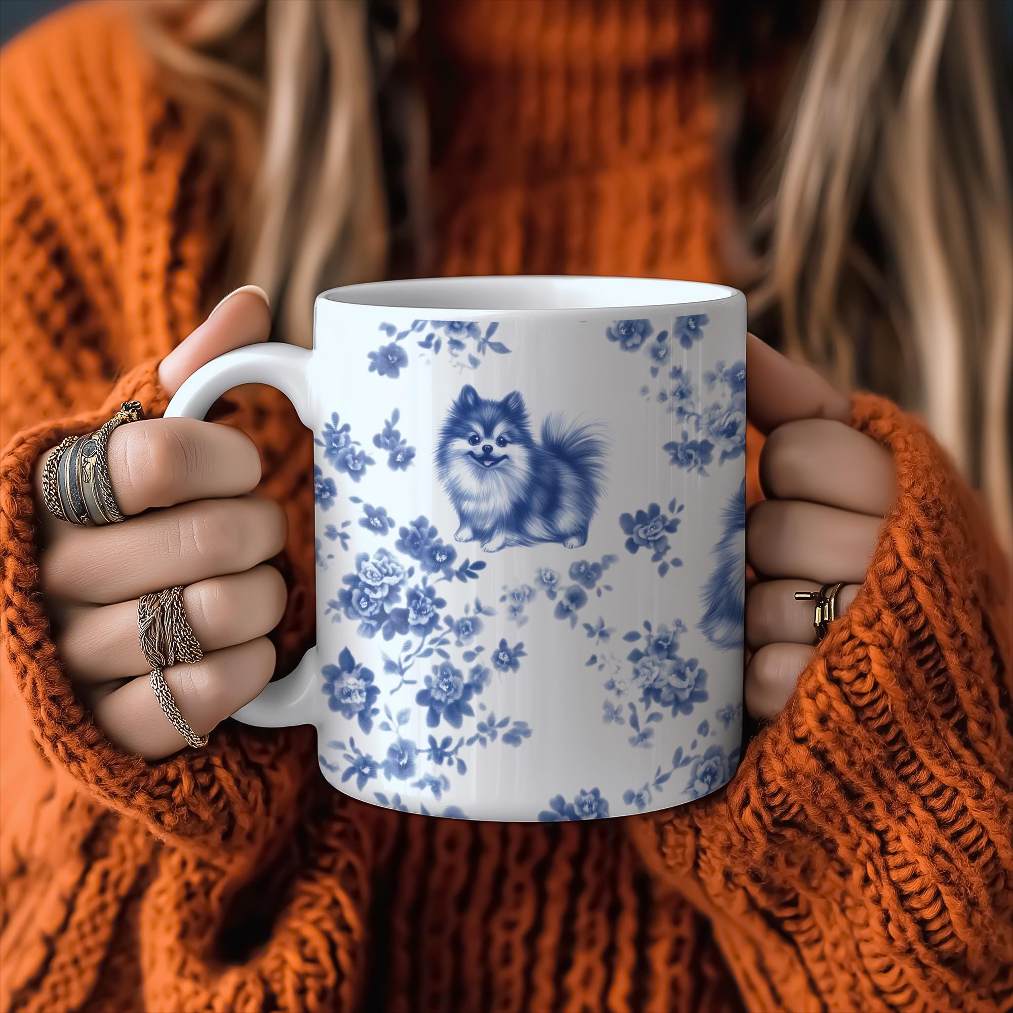 Taza de Pomerania Toile de Jouy - Taza de café Toile azul para mamá Pomerania, regalos para Pomerania, artículos para beber para perros, taza para perros