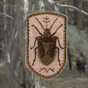 May include: An embroidered shield-shaped patch featuring a detailed insect design. The insect has a brown and green body with black legs and antennae. The patch has a pink background with a green and gold border.
