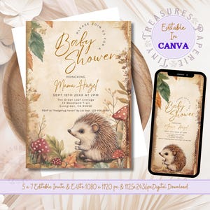 Convite para chá de bebê para impressão de ouriço, convite para chá de bebê na floresta, download digital neutro com tema de natureza editável TPT128