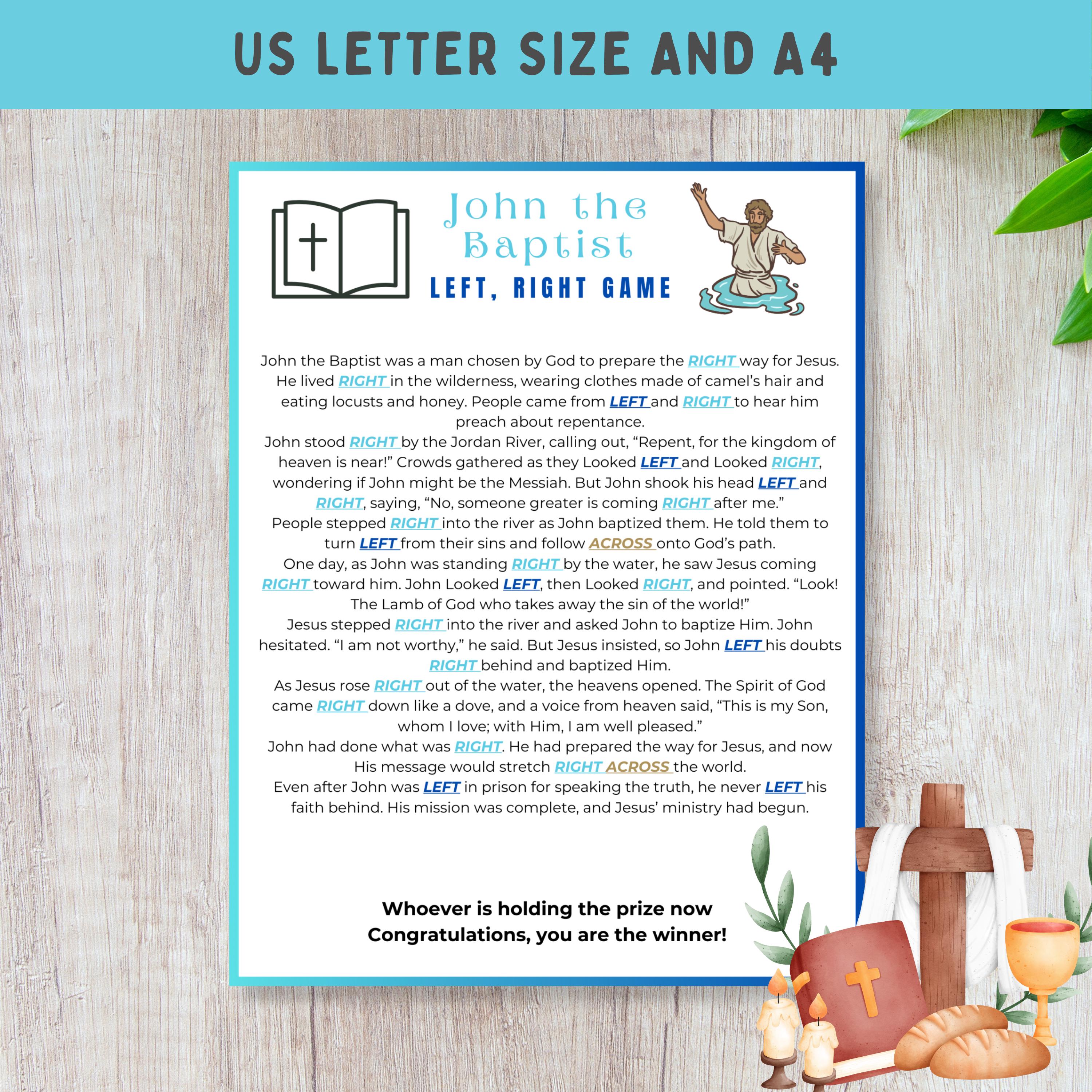 Bible Story Left Right Game, Book Of The Bible Story, Printable John The Baptist Christian Children Activity, Sunday School Church,