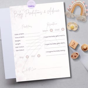 Modèle de carte de prédictions de bébé imprimable, jeu de baby shower, carte minimaliste simple, activité minimale de baby shower, téléchargement immédiat TPT135
