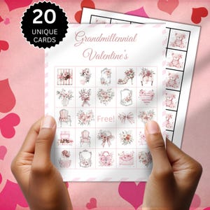 Grand Millennial Bingo, gioco stampabile di San Valentino per bambini, attività per bambini, attività floreali a strisce rosa pallido 20 carte