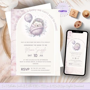 Convite para chá de bebê para impressão de ouriço, convite para chá de bebê na floresta, tema natureza roxa editável, Hoglet Baby Girl Digital TPT135