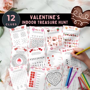 Valentinstag-Schatzsuche, Indoor-Schnitzeljagd für ältere Kinder, druckbare Aktivitätsspiel-Puzzle, Kinder knacken den Code,