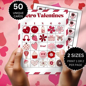 Valentijnsdag bingobord, retro gamekaarten, unieke afdrukbare sjablonen voor feest, Galentines activiteit kinderen en volwassenen, klasactiviteiten