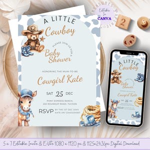 Cowboy Printable Baby Shower Invitation, Rodeo Baby Shower Invite, Editable Blue Western Themed Mobile Templates, Baby Boy Digital TPT138