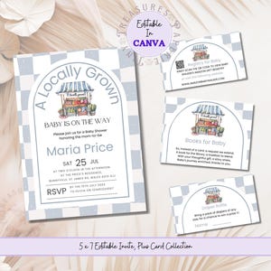 Bauernmarkt-Themen-Babyparty-Einladungs-Bundle, lokal gewachsene bearbeitbare Einladung, Gemüsethema druckbar, digitaler Download TPT104