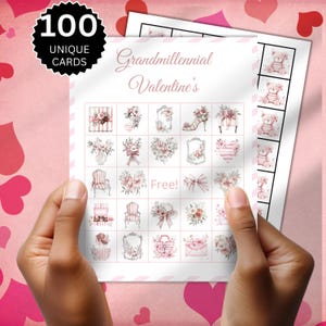 Grand Millennial Bingo, gioco di carte stampabile per San Valentino per bambini, attività per bambini, attività floreali a strisce rosa pallido